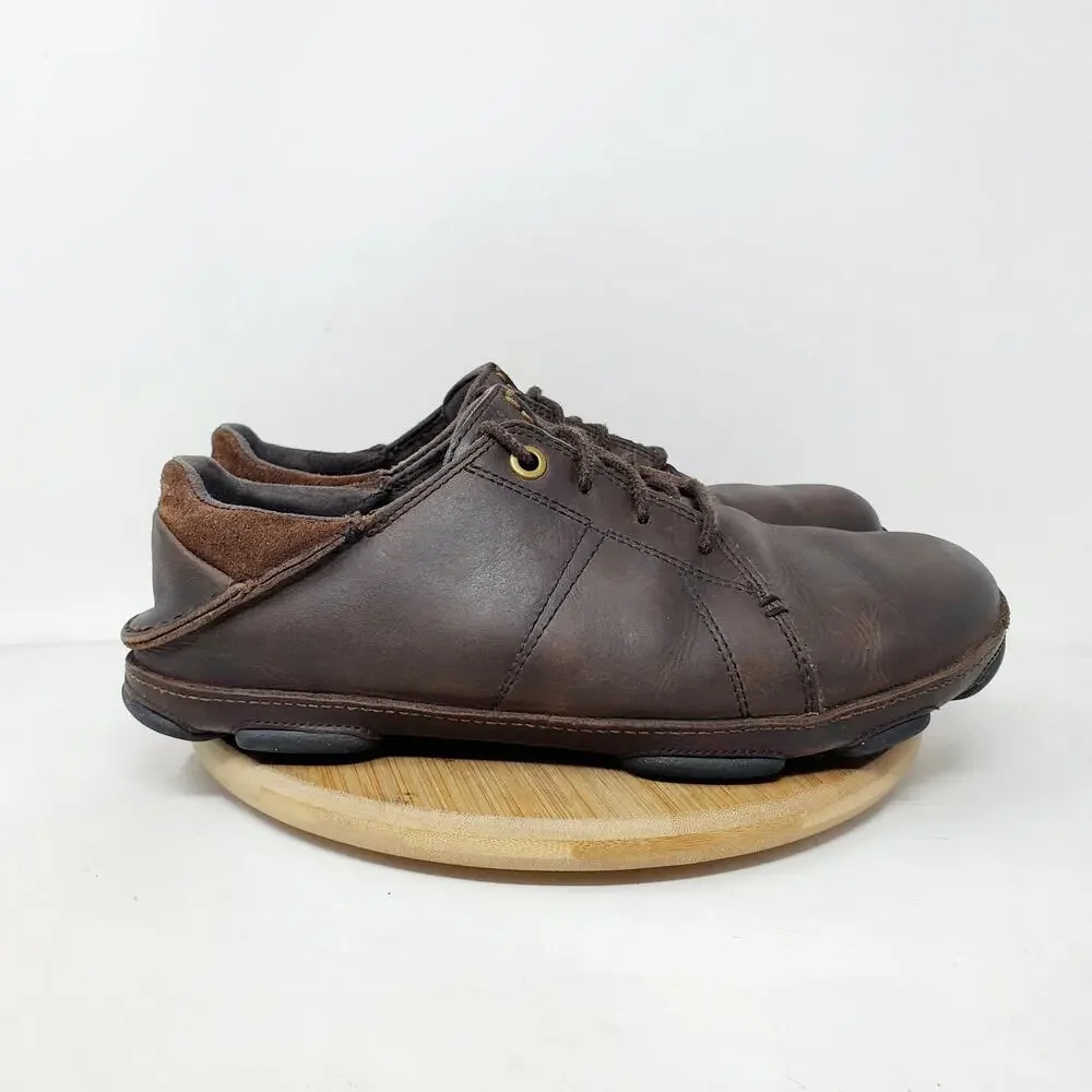 Olukai Hano Shoe Men 8.5 Brown Leather Oxford Slip On‎ Fold Down Heel WORN